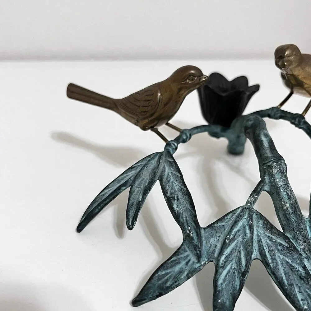 Andrea by Sadek Brass Birds on Bamboo Candle Holder Figurine